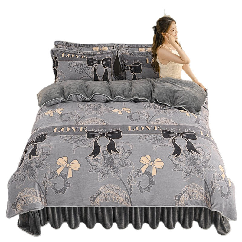 Popular Live-Streamed Fleece-Lined and Thickened Milk Velvet Four-Piece Bedding Set, High Weight, Soft Printed Gold Carving Velvet Gift Bedding