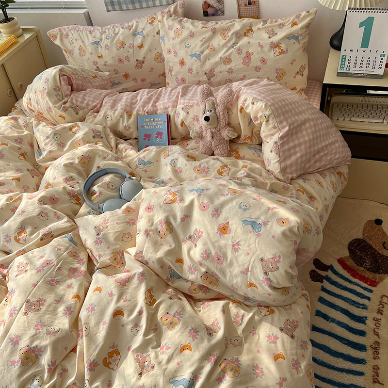 Class a Bed Four-Piece Set Pure Washed Cotton 2025 New Quilt Cover Bed Sheets Quilt Cover Bedding Student Dormitory Three-Piece Set 4