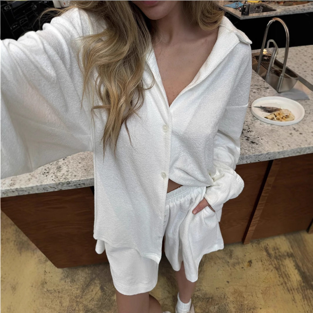 Womens Summer Two Piece Set Relaxed Fit Long Sleeve White Cardigan Towel Fabric Comfortable Home Wear Wholesale