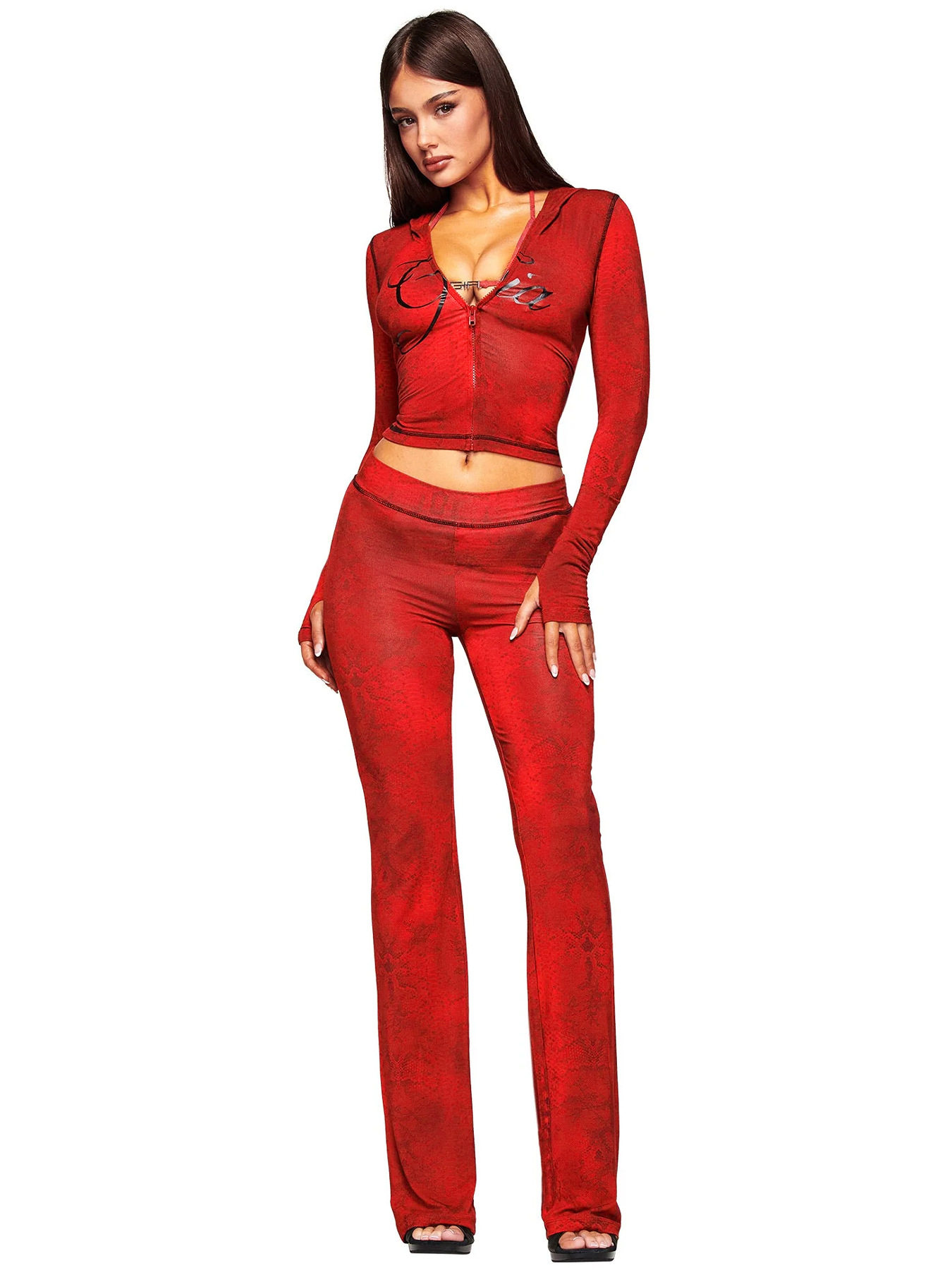 HR25071 欧美时尚女装跨境货源印花连帽长袖拇指扣微喇叭两件套装