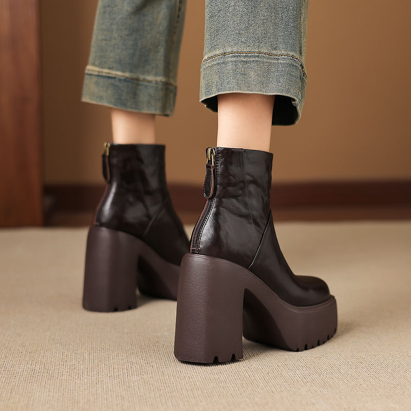 Boot Martin nữ gót thô 12cm đế platform tăng chiều cao, da bò thật — Lớp lót đơn màu đen, Lớp lót đơn màu nâu, Lót nhung đen, Lót nhung màu nâu