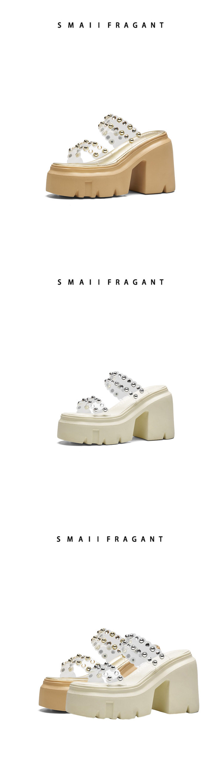 Sandal cao gót nữ đế dày 12 cm quai ngang đính đá, mũi hở, gót vuông — [Trắng kem], [Vàng nhạt] chi tiết 6