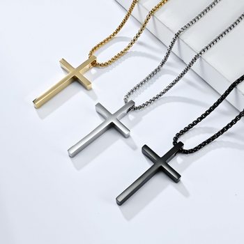 Cross-border Europe and the United States simple titanium steel smooth cross men's necklace hip-hop style versatile long sweater chain jewelry