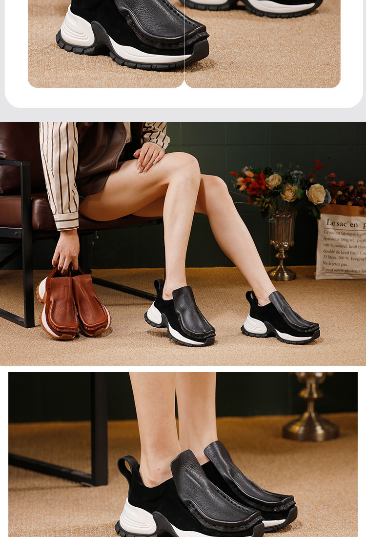 Giày sneaker nữ da bò thật đầu tròn gót vừa phong cách thanh lịch — đen, màu nâu