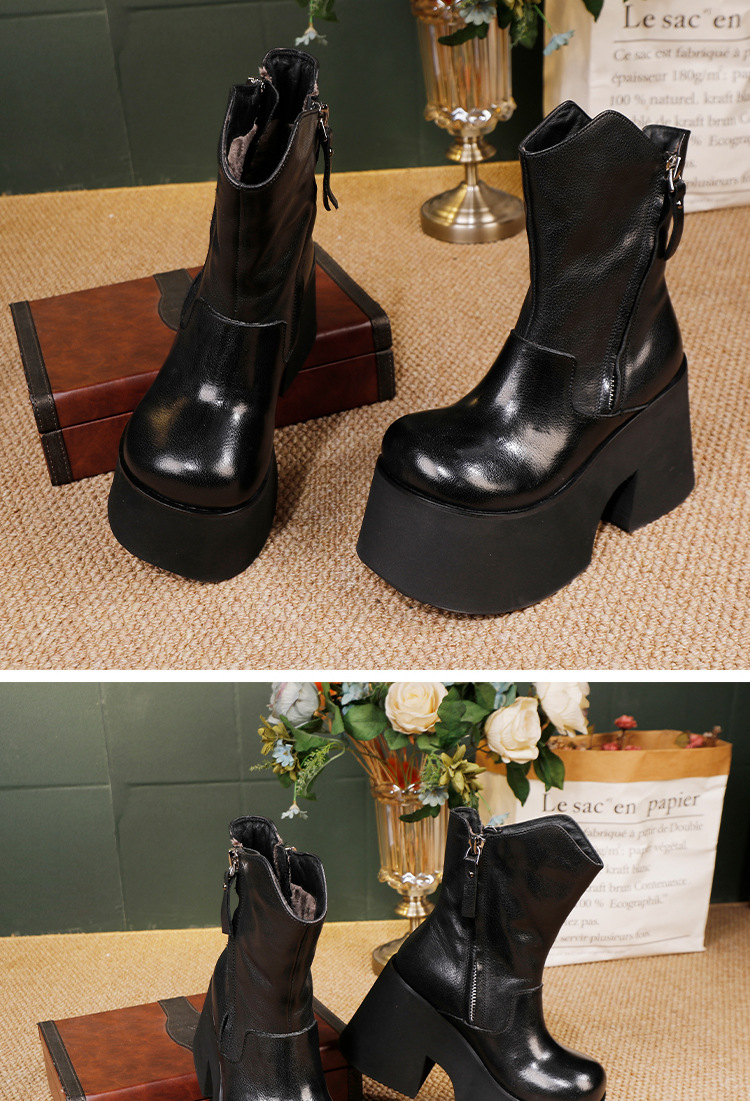 Boot nữ cổ cao da bò thật lót lông giữ ấm đế dày tôn dáng — màu đen