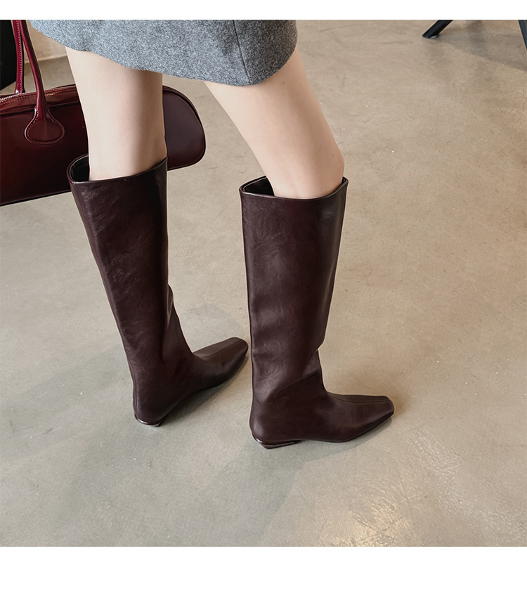 Boot cao cổ nữ da bò mũi vuông gót thấp phong cách thanh lịch — màu đen, Màu đỏ rượu