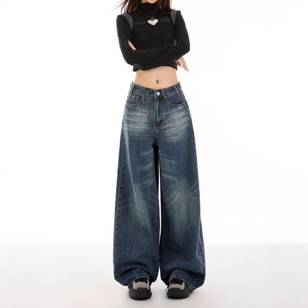 Wide Leg High Waisted Denim Trousers Vintage Style Versatile Design Comfortable Fit Casual Wear Ready to Ship