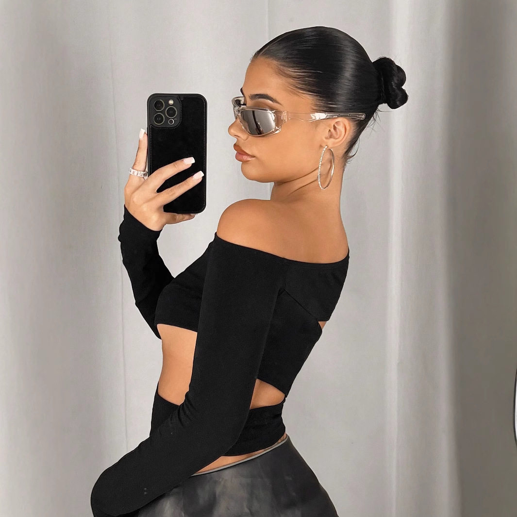 Womens Irregular Asymmetrical Neck Y2K Long Sleeve T Shirt Trendy European and American Style Spring Summer Collection
