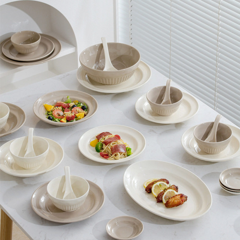 Cream style Bowl plate household ins tableware bowl dish full set ceramic rice bowl plate wholesale high color value soup bowl dish