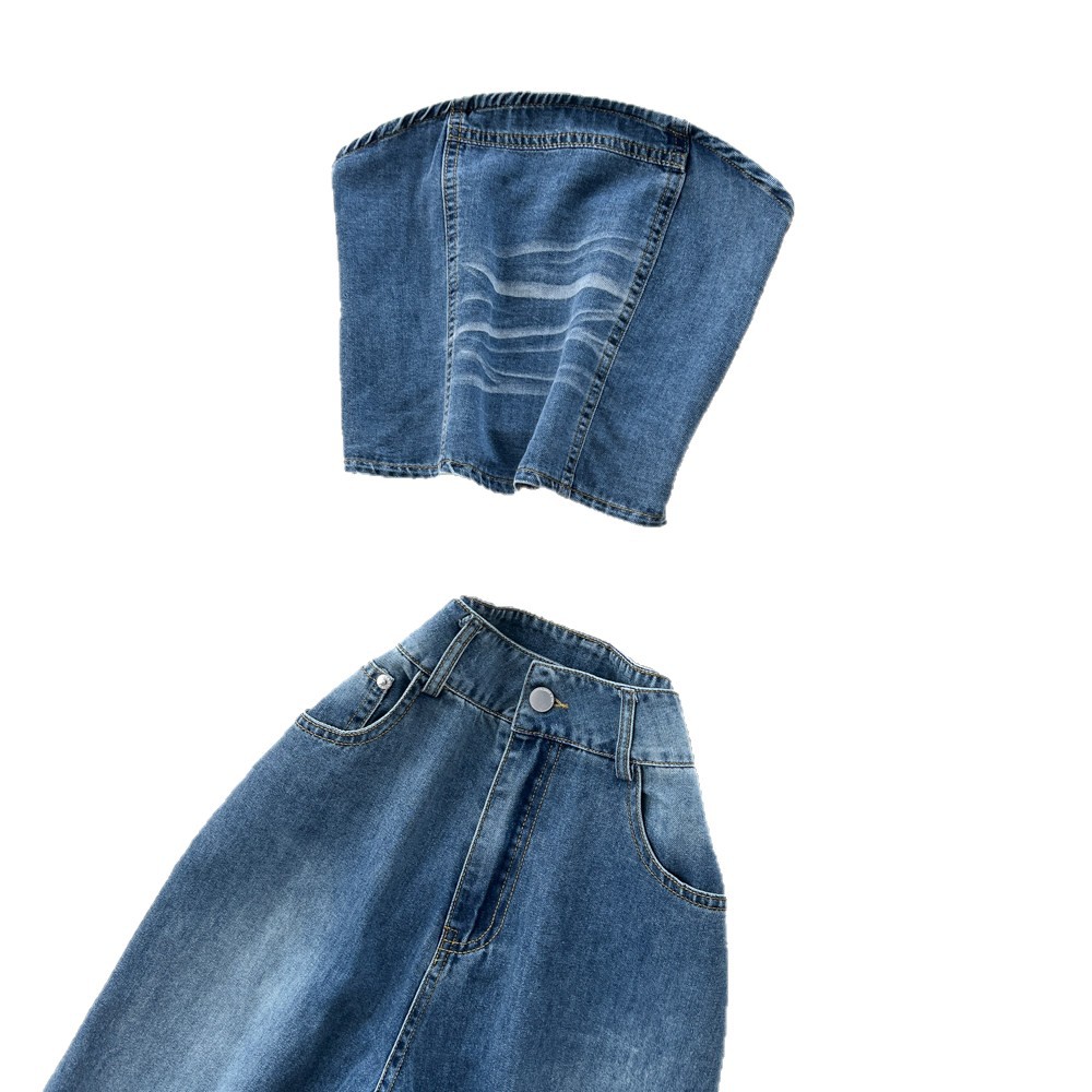 Vintage Denim Two Piece Set Casual Style High Waisted Wide Leg Pants Slim Fit Sleeveless Top Summer Wear