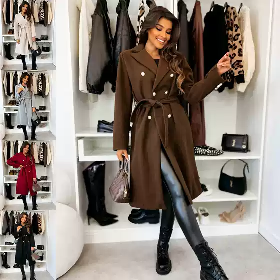 2026 Winter New Women's Style Cross-Border Amazon Aliexpress Simple Solid Color Double-Breasted Tie Woolen Coat