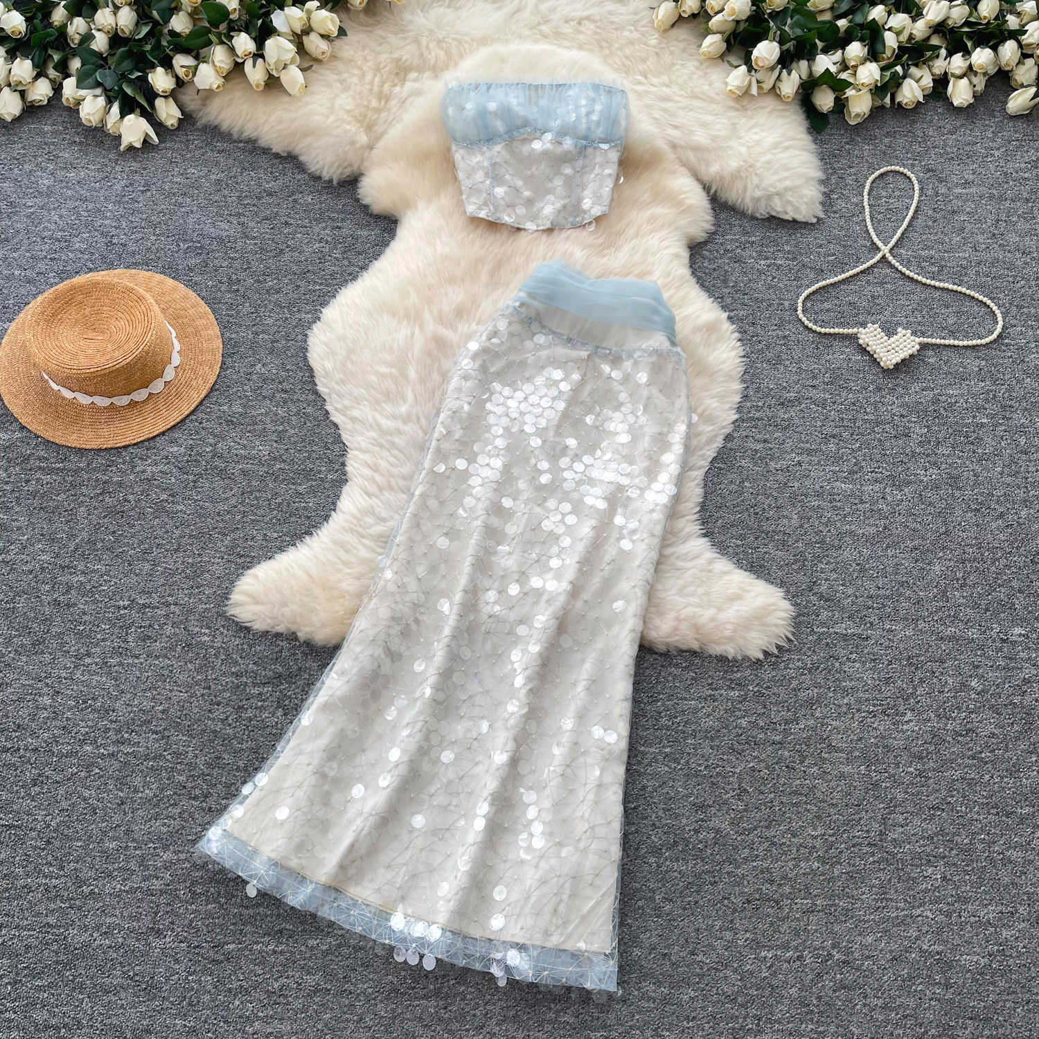 Elegant Two Piece Set High Quality Sequins Sheer Mesh Sophisticated Style Summer Fashion for Work and Leisure