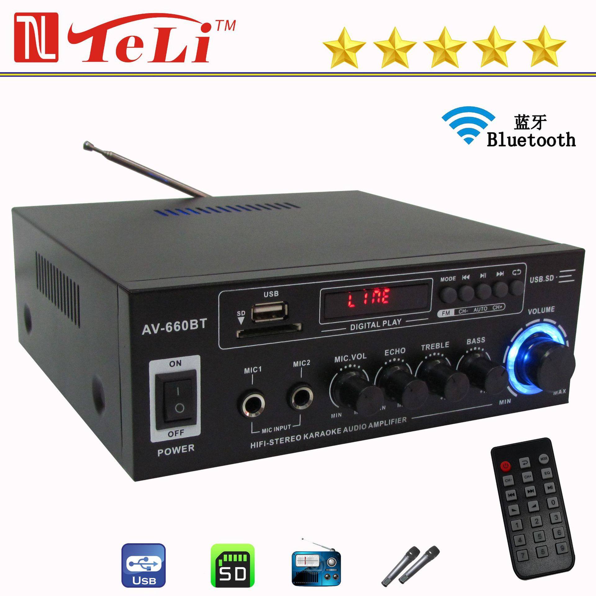 Cross-Border Export Av660Bt Microphone Bluetooth U Disk Radio 12V/220V Ac and Dc Car Home Amplifier