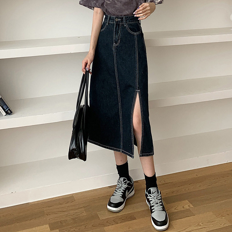 High Waisted Split Denim Skirt Slim Fit Mid Length Elegant Style Spring Summer Fashion Wholesale Available