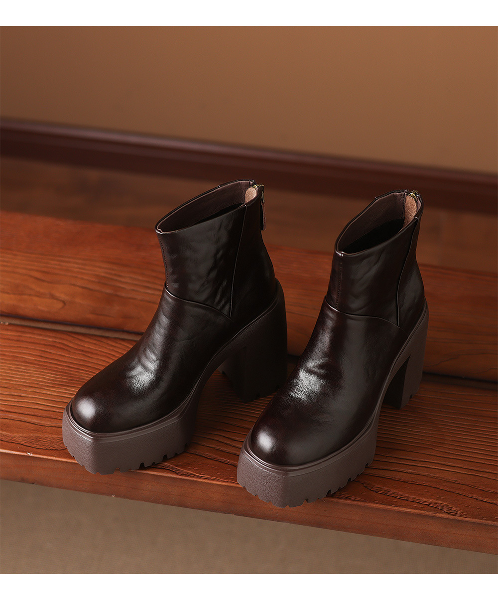 Boot Martin nữ gót thô 12cm đế platform tăng chiều cao, da bò thật — Lớp lót đơn màu đen, Lớp lót đơn màu nâu, Lót nhung đen, Lót nhung màu nâu