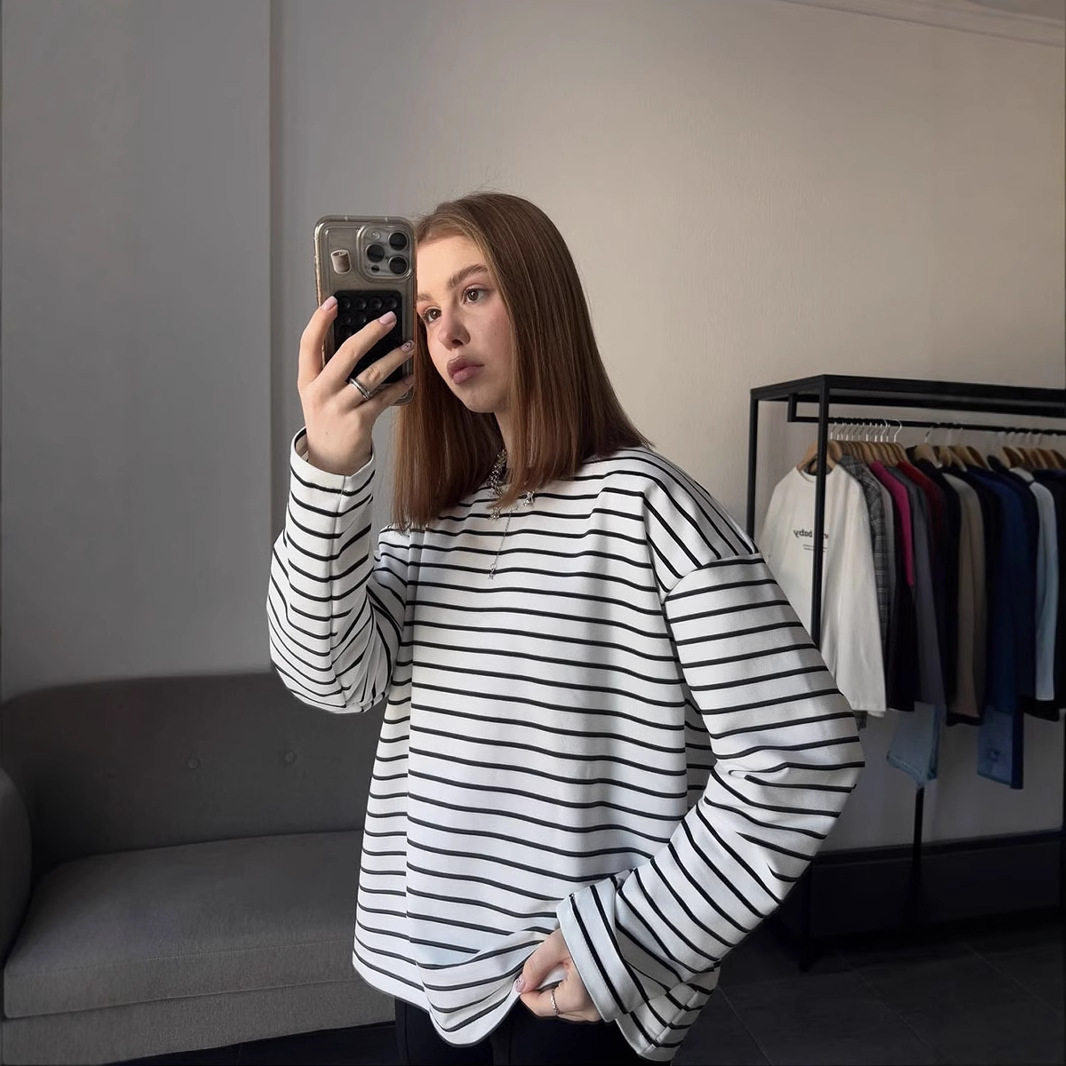 Striped Long Sleeve T Shirt for Women Casual Loose Fit Slimming Design Spring Summer Style Wholesale Available