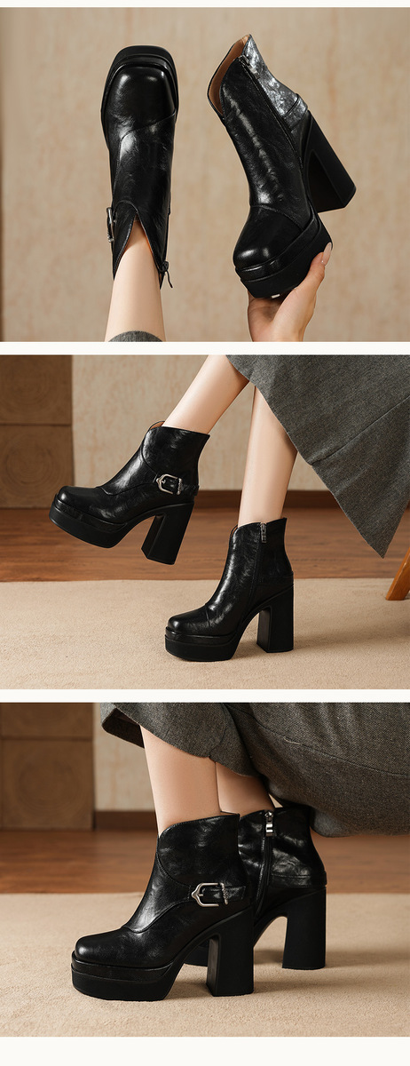 Boot nữ gót cao 12cm da bò cổ ngắn khóa kéo bên hông — màu đen, Màu nâu