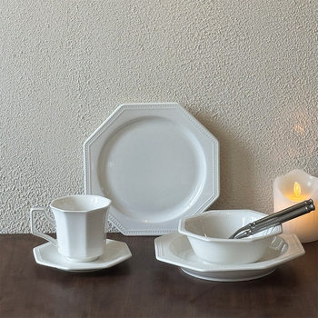 French Middle Ages Octagonal Beads Ceramic Tableware Ceramic Plate Deep Plate Ceramic Bowl Octagonal Vintage Cup and Saucer Dessert Plate