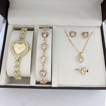 2025 New Korean Style Simple and Compact Heart Dial Diamond Charm Quartz Watch Necklace Earrings Ring Set