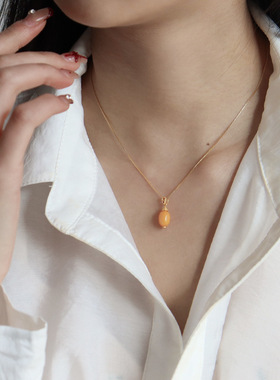 新中式复古精致蜜蜡吊坠通体925银项链简约时尚百搭锁骨链