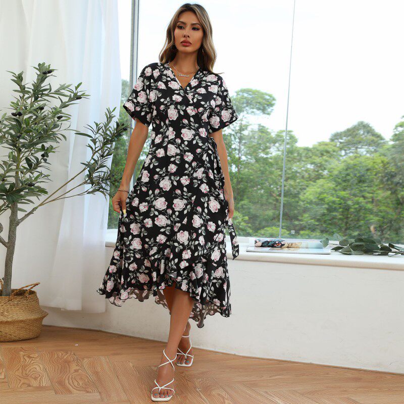 Black Floral Print One Piece Dress Short Sleeve Summer Style Casual Wear Wholesale Available