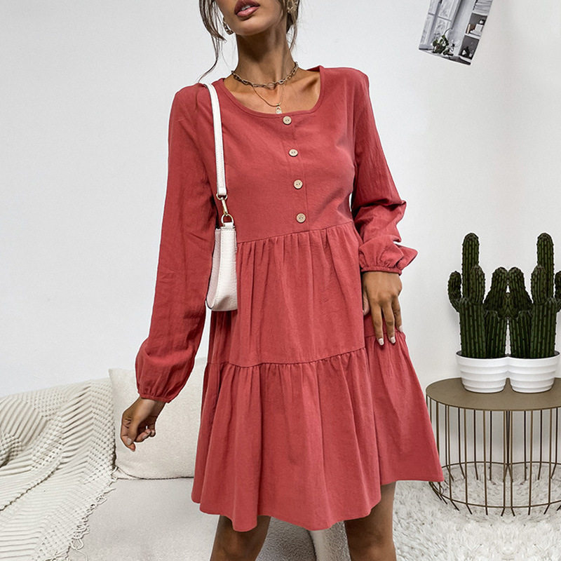 Loose Fit Long Sleeve Dress Cotton Linen Blend Pleated Design Vibrant Red Casual Wear for Spring and Summer