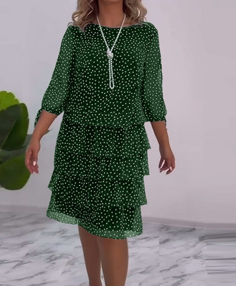 Elegant Floral Polka Dot Cake Dress Round Neck Short Sleeve Lightweight Fabric Perfect for Parties and Special