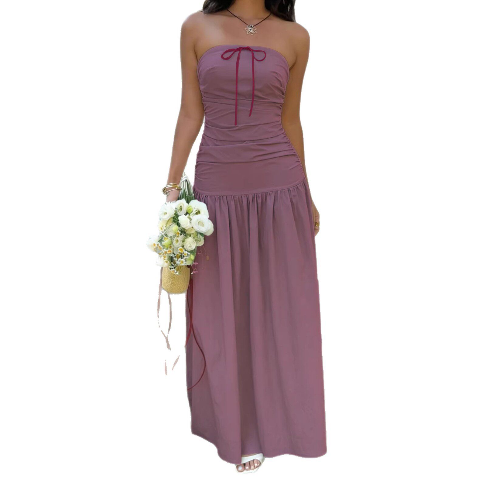 French Style Strapless Maxi Dress Soft Fabric Waist Tie Design Non Slip Strips Summer Vacation Wear Wholesale