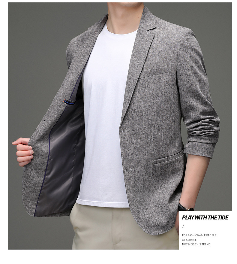 Áo blazer nam pha lanh dáng ôm xẻ tà sau nhẹ mùa xuân thu — Xanh xám nhạt, Màu xám nhạt