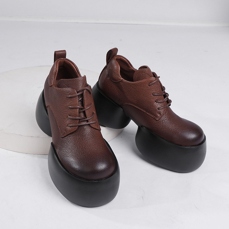 Boot Martin nữ da bò thật cổ ngắn gót thô buộc dây — Màu nâu đậm