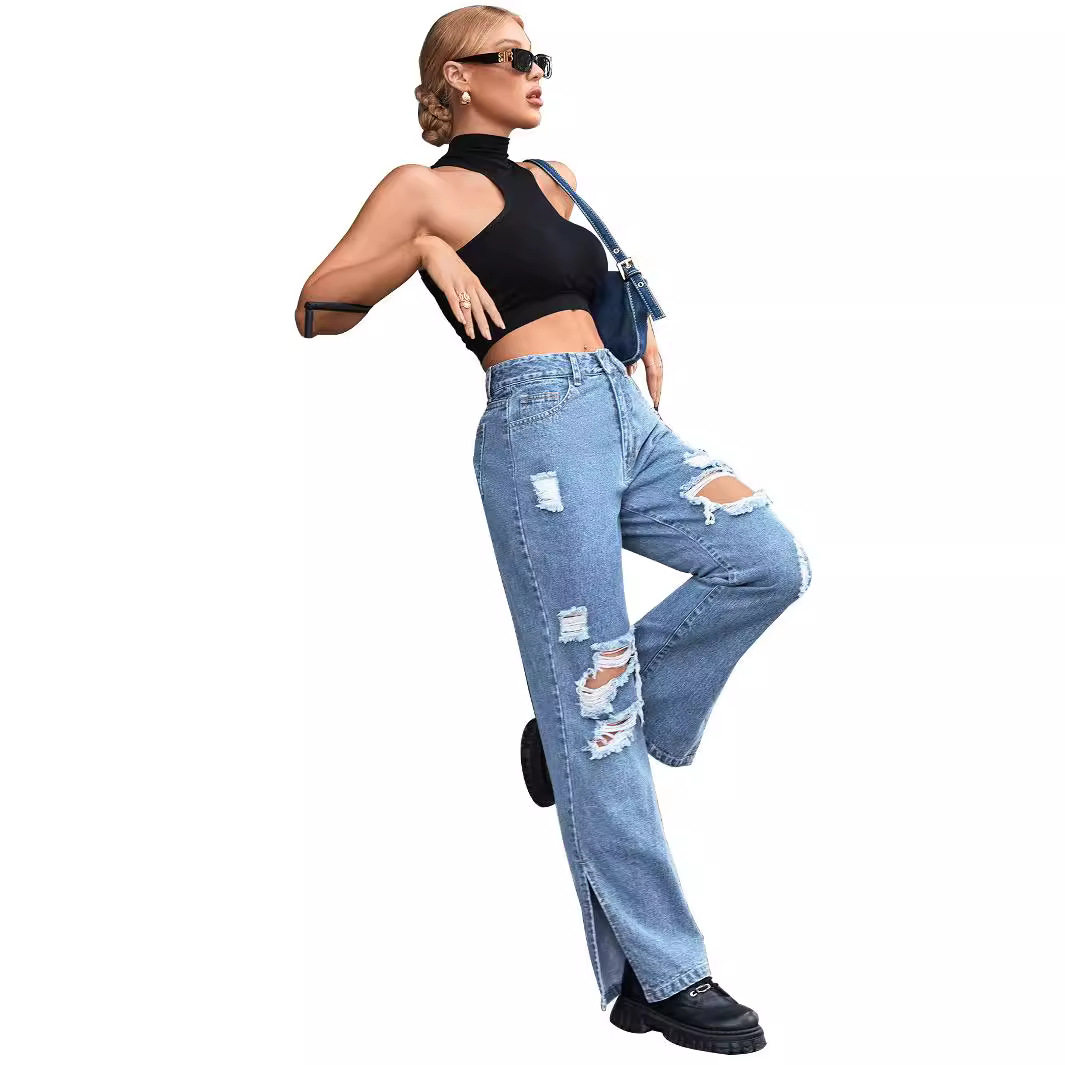 Casual Womens Ripped Denim Jeans Stylish Versatile Streetwear Perfect for Everyday Wear Wholesale Available