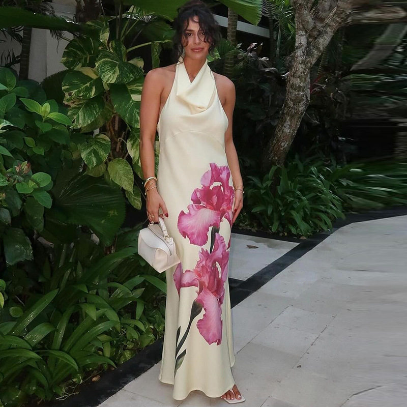 Fashion Floral Print Sleeveless Maxi Dress Sexy Off Shoulder Design Elegant Draped Neckline Perfect for Summer Events