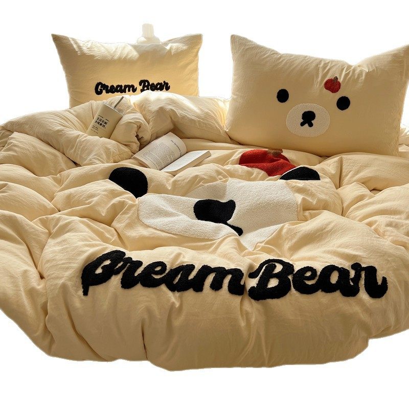 Class a Bedding Four-Piece Set Pure Washed Cotton 2025 New Style Bed Sheet Duvet Cover Cartoon Student Dormitory Three-Piece Set 4