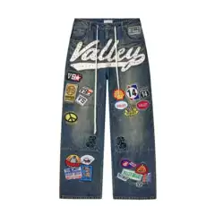 European and American Cross-Border Patchwork Beaded Appliqué Jeans for Men, Wholesale on Aliexpress, Foreign Trade Drawstring Loose Denim Pants for Men