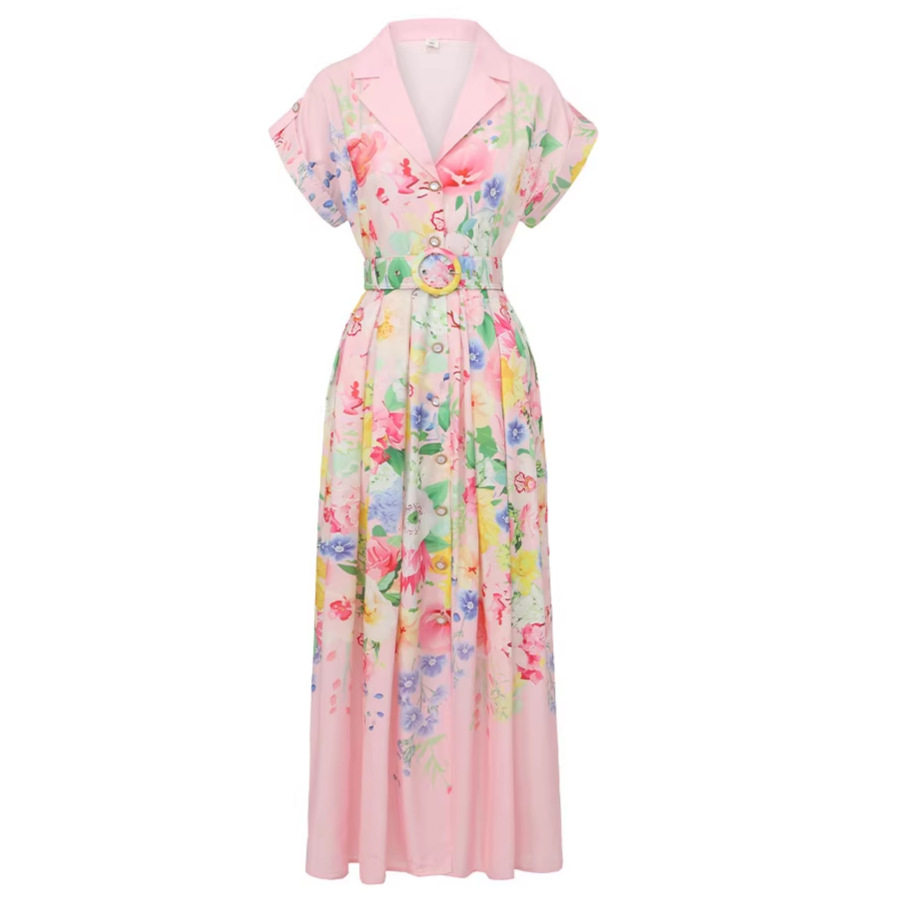Elegant Floral Print Dress High Quality Fabric Shoulder Patch Sleeve Waist Tie Flared Hem Perfect for Spring and