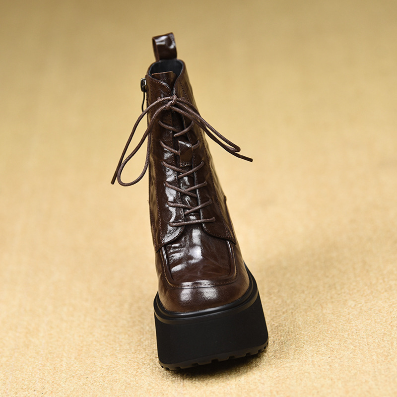 Boot Martin nữ cổ thấp gót thô tăng chiều cao 12cm mũi tròn phong cách Anh Quốc — màu đen, Màu nâu