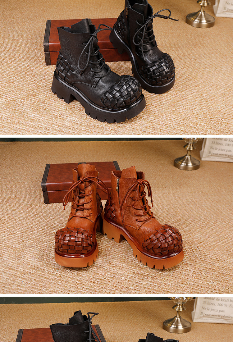 Boot Martin nữ da bò thật cổ ngắn phối dây kéo bên hông — đen, màu nâu