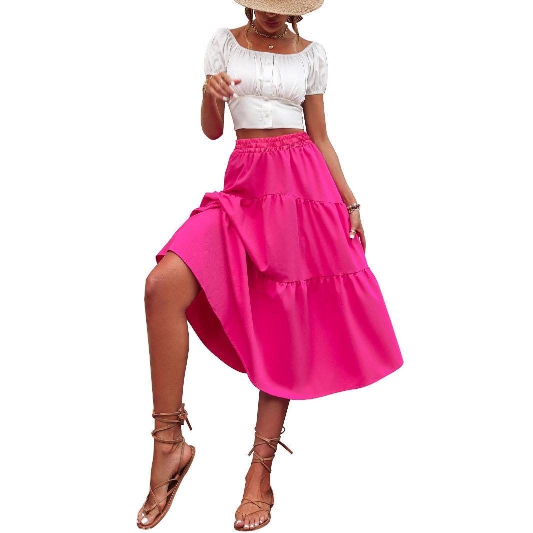 High Waisted Solid Color Midi Skirt Elastic Waist Fashionable Design Versatile for Casual or Formal Wear Wholesale