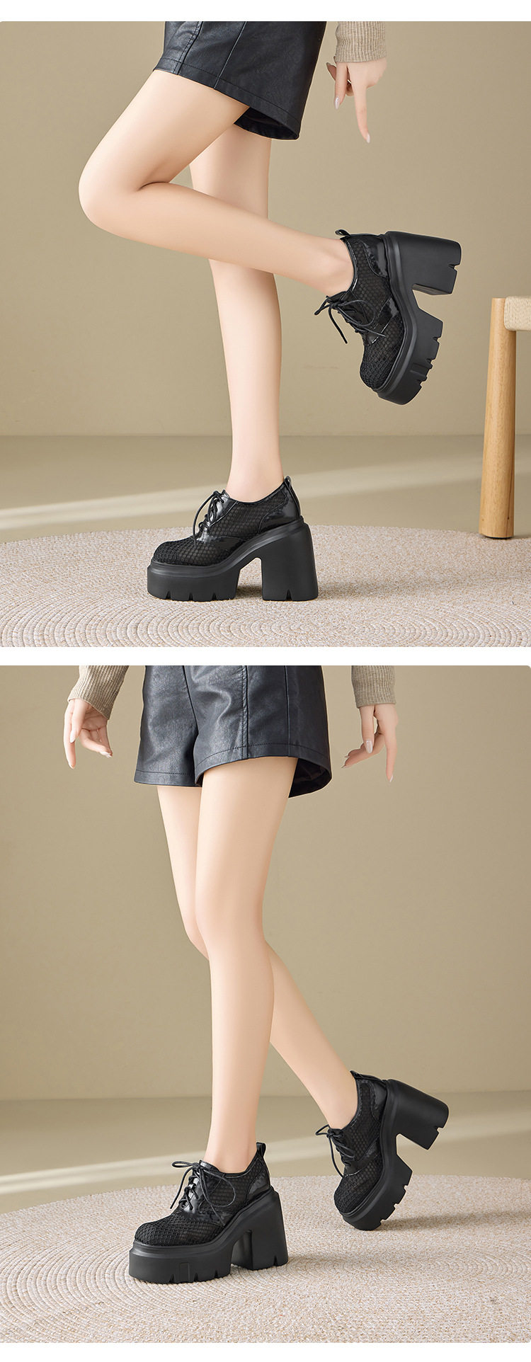 Giày cao gót nữ đế xuồng platform dây buộc hở mũi, gót 12 cm, phong cách thể thao — [Đen], [Trắng] chi tiết 5