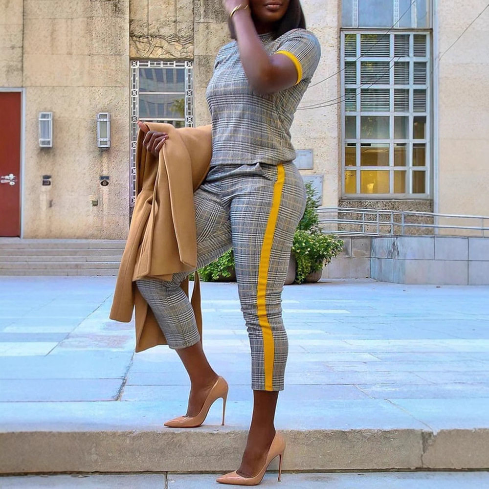 LS8031 European and American Women's Spring and Autumn New Fashion Slim-fit Printed Short-sleeved Pants Set Two-piece Set