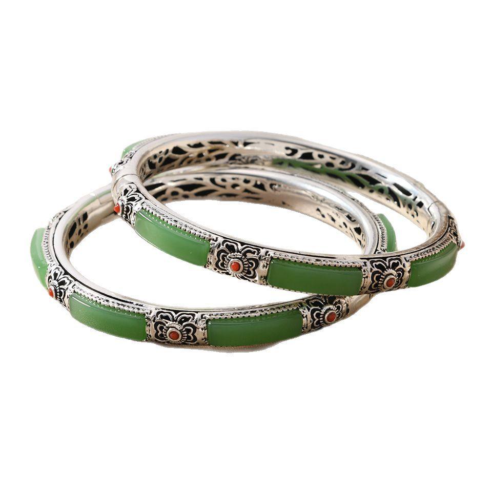 Hetian Jade Literary Retro Bracelet Alloy Inlaid with Old Hetian Jade Bracelet Hollow Lace Women's Bracelet Live Broadcast
