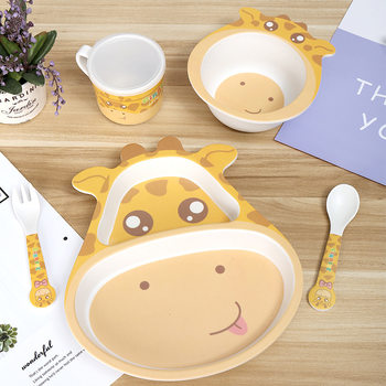 Factory wholesale children's split plate cartoon cute baby eating bowl bamboo fiber baby tableware gift set