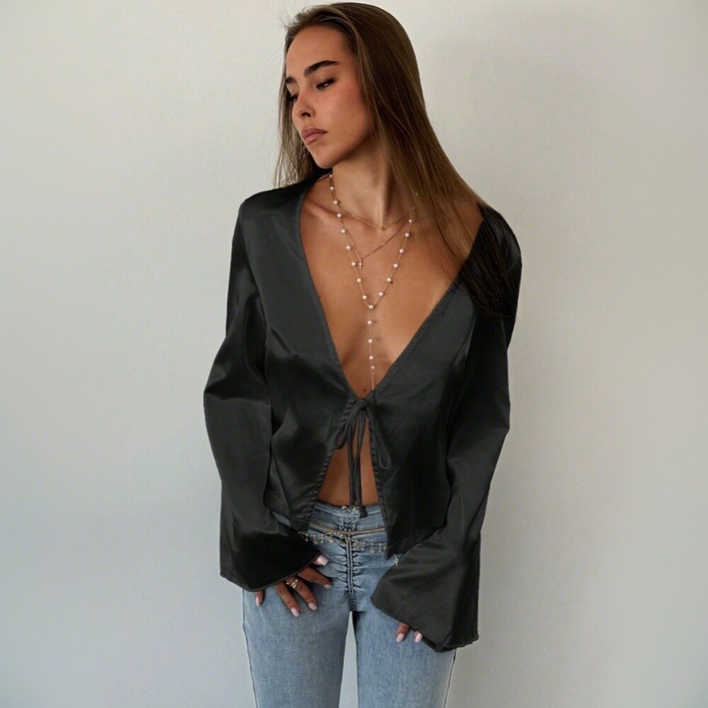 Loose Satin Tie Front Cardigan T Shirt Sexy Style Spring Summer Fashion Womens Apparel Wholesale Available