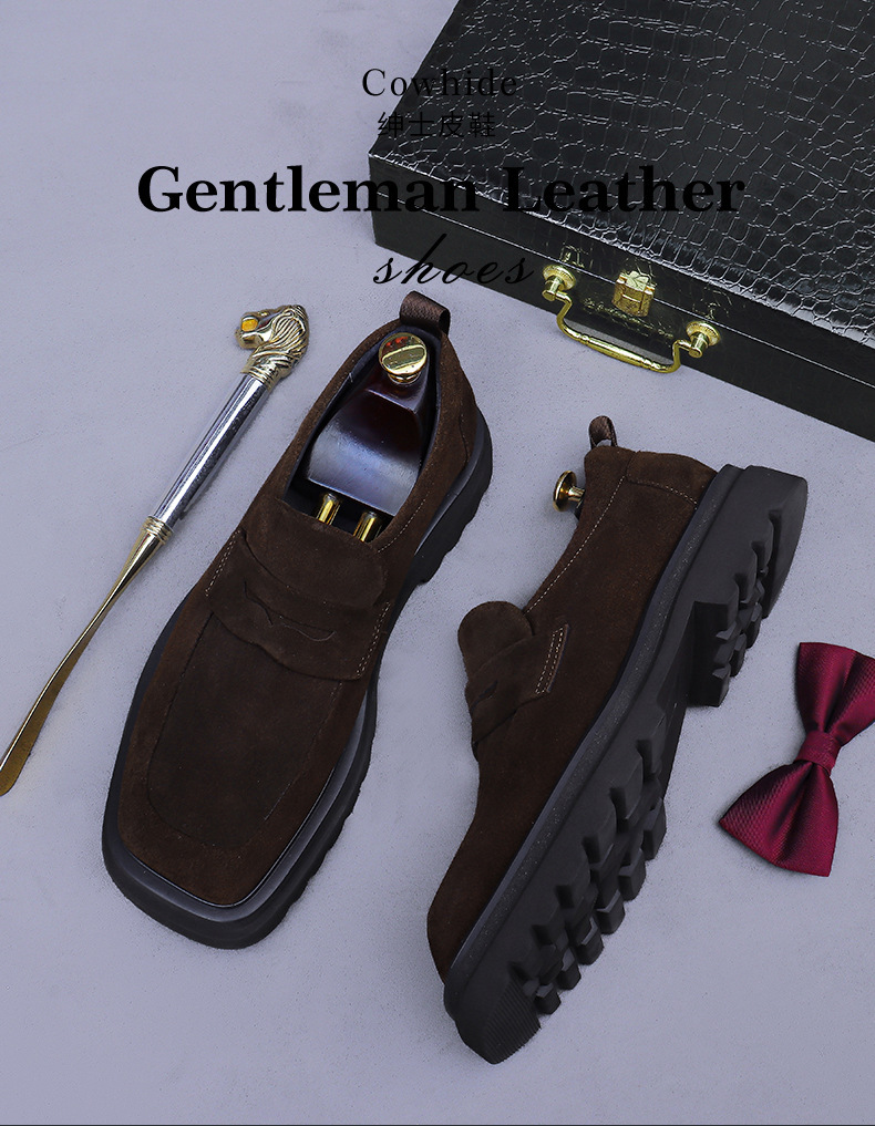 Giày loafer nam da bò lộn đế dày mũi vuông phong cách công sở — đen, màu nâu mocha