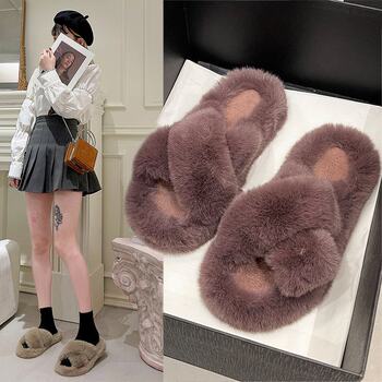 2025 New Style Furry Shoes for Women, Flat Furry Slippers for Home, One-Line Cross Furry Slippers, Large Size Women's Shoes Wholesale