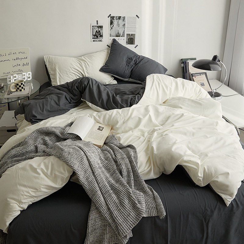 Ins Style Pure Color Four-Piece Student Dormitory Three-Piece Bedding Set Quilt Cover Fitted Sheet Washed Cotton Wholesale