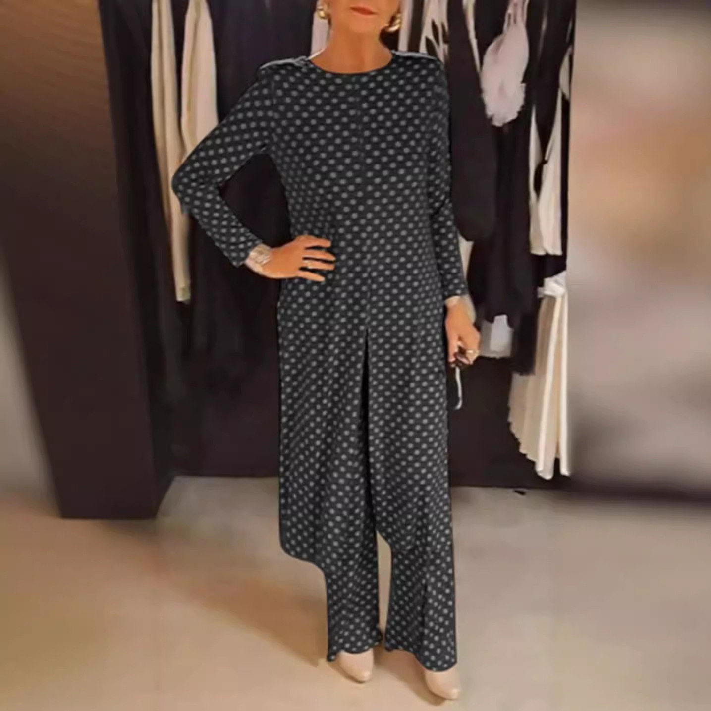 Summer Polka Dot Split Hem Top and Pants Set Slim Fit Round Neck Fashionable Versatile Perfect for Casual Outings