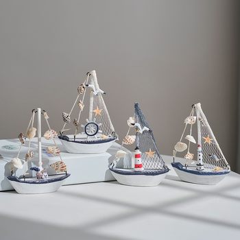 Mediterranean Style Shell Cracked Boat Ornaments Wooden Sailboat Model Small Ornaments Kidsren's Creative Handicraft Boat