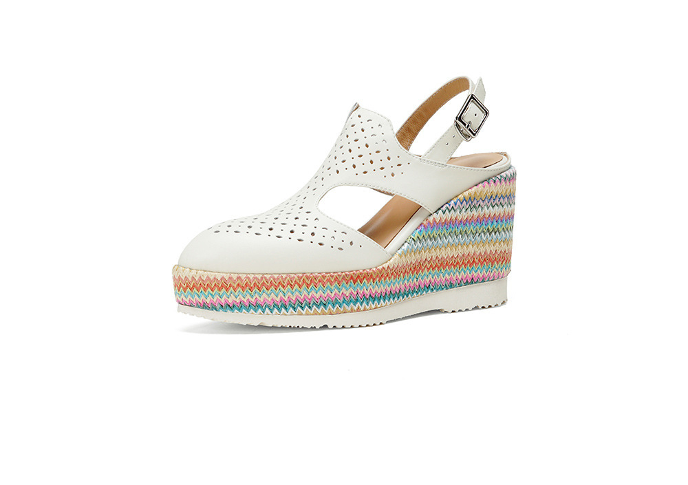 Sandal La Mã nữ da thật gót xuồng 10cm đế bánh mì tăng chiều cao — Màu be, Màu xanh dương