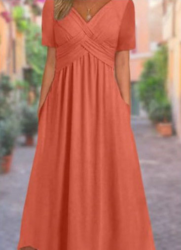 Fashionable Womens Solid Color V Neck Short Sleeve Pocket Dress Autumn Collection Casual Wear OEM Available